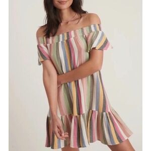 Marine Layer Multi Color Stripe Off Shoulder Ruffle Mini Dress Small